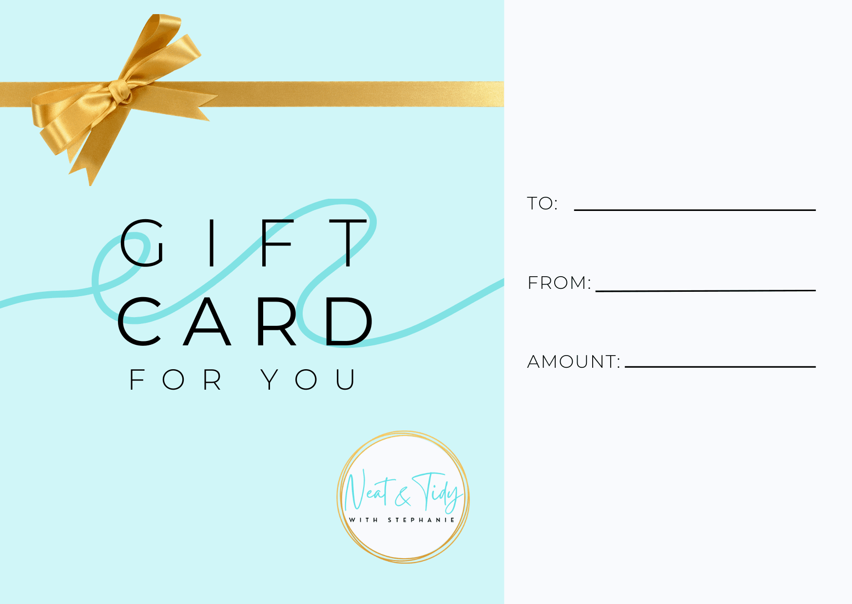 Neat and Tidy home organizing gift card with a gold bow