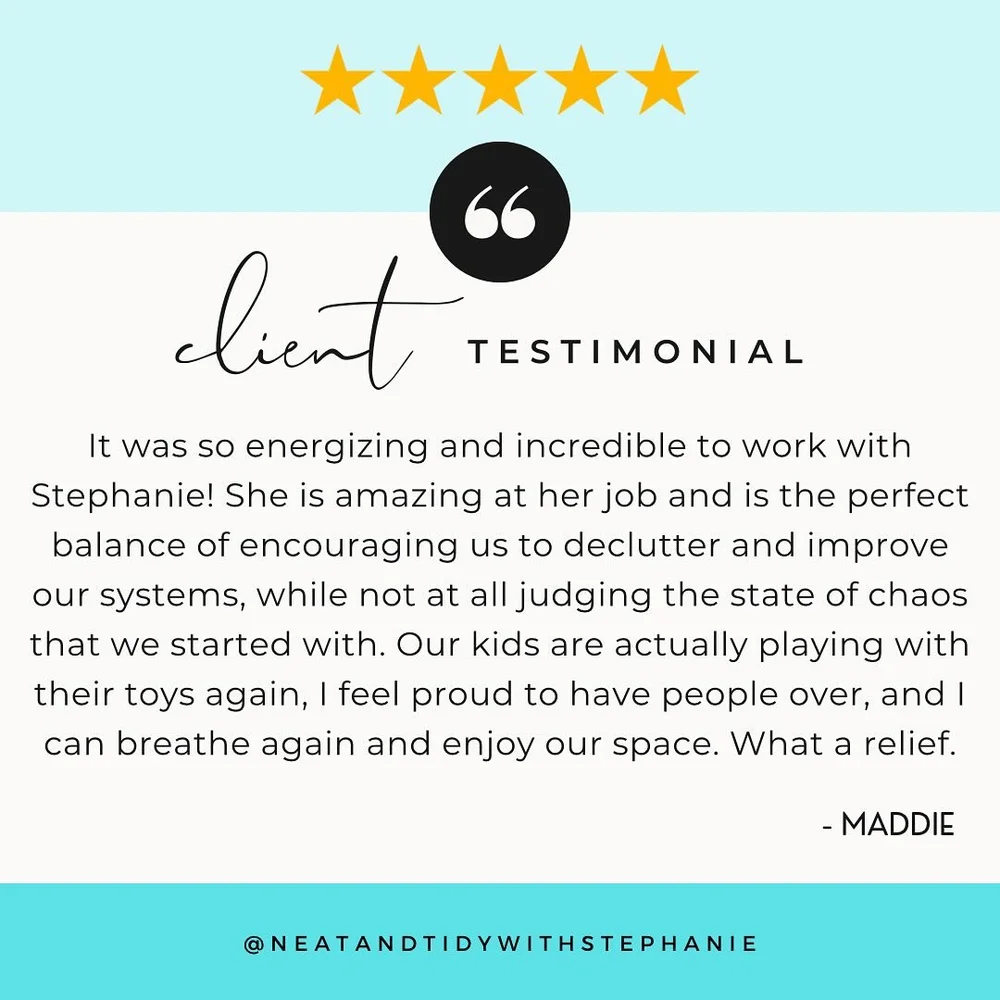 Five-star client testimonial from Maddie about decluttering with Stephanie