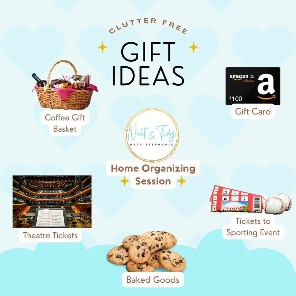 Clutter-free gift ideas graphic with gift baskets, cards and tickets