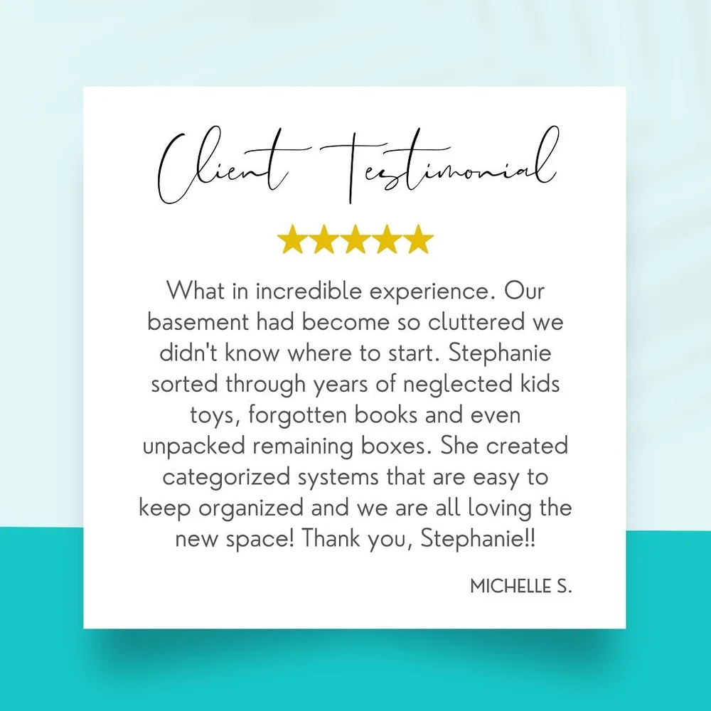 Five-star client testimonial from Michelle S about an organized basement
