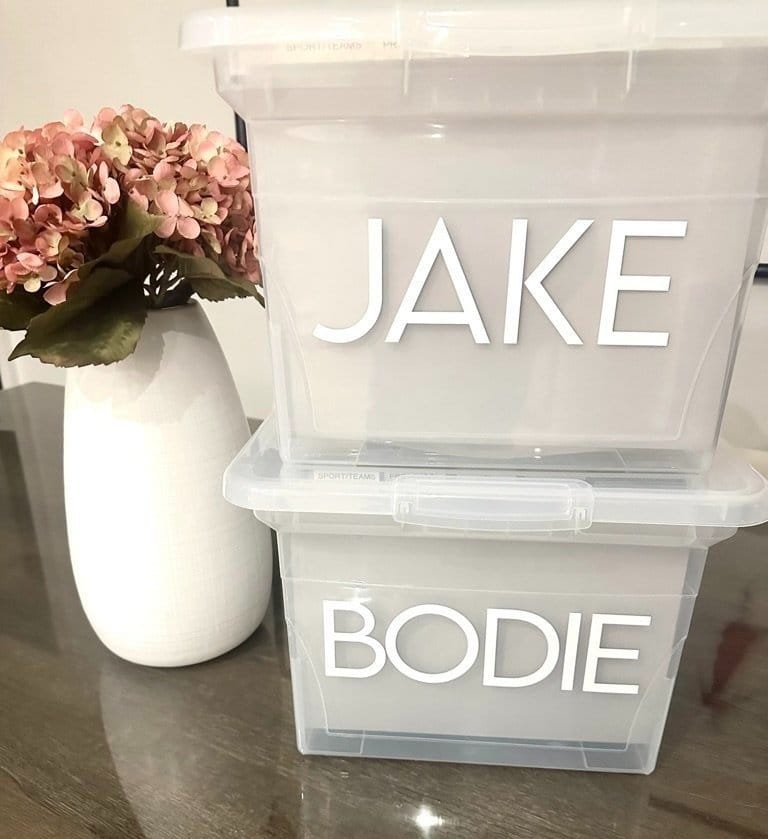 Clear keepsake memory bins personalized Jake and Bodie beside hydrangeas