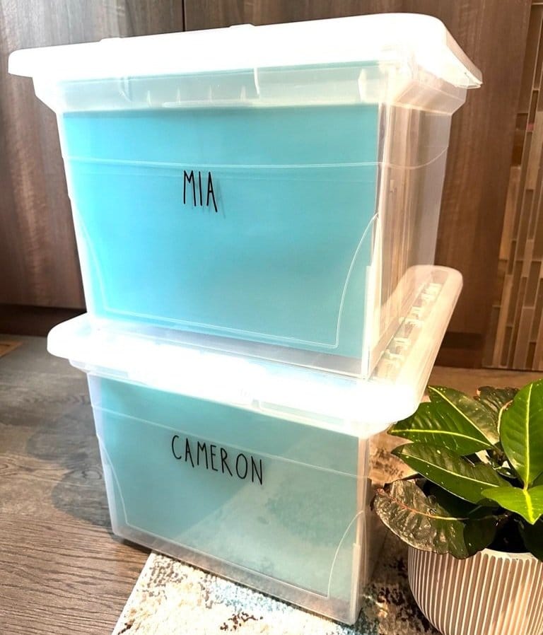 Stacked clear memory bins personalized Mia and Cameron