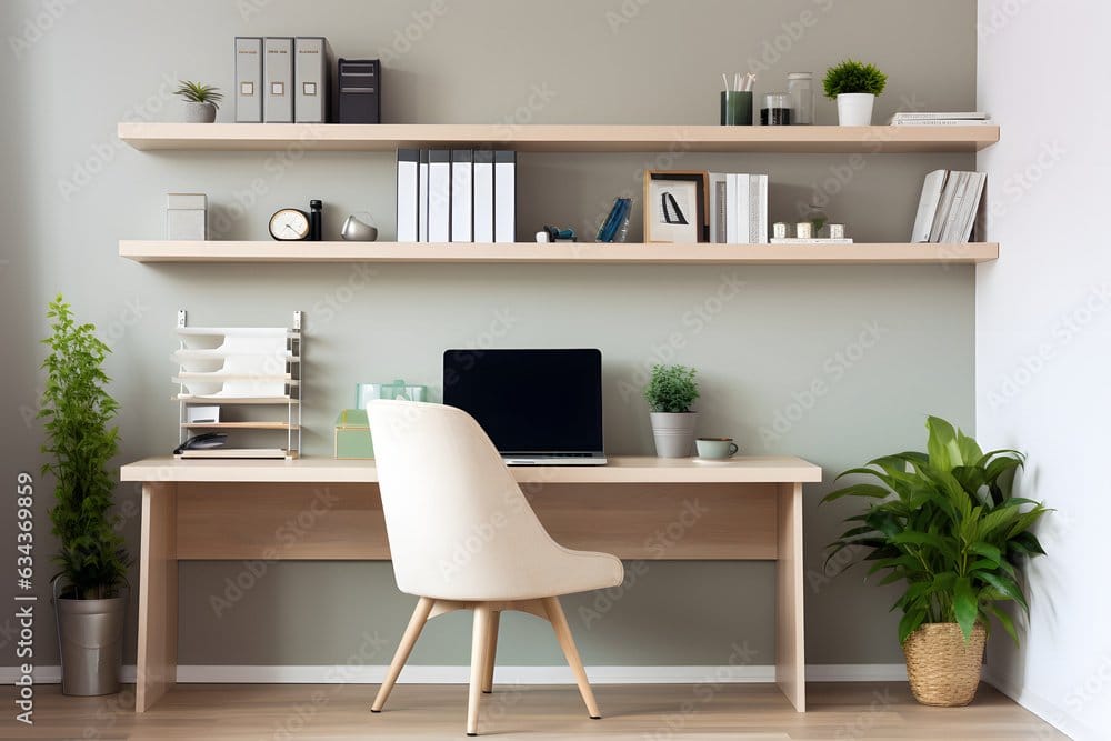 Tidy home office with a wood desk, laptop and styled floating shelves