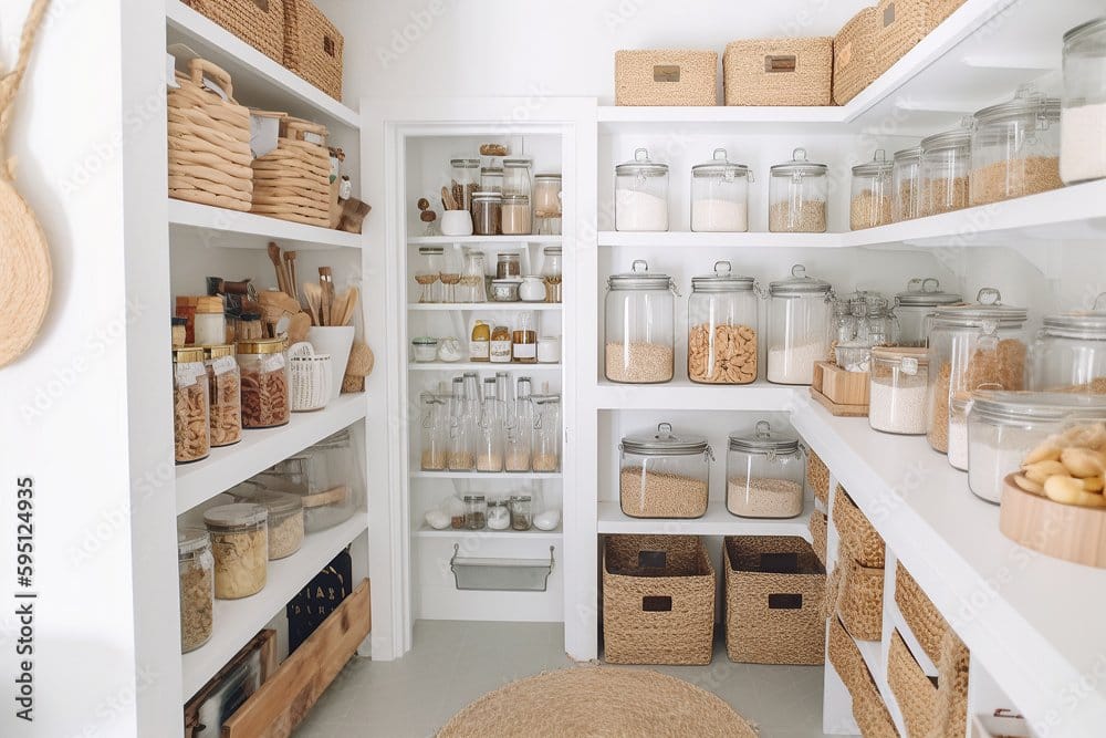 Organized white pantry with matching glass jars and woven baskets