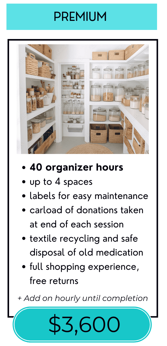 Premium package pricing card for home organizing services