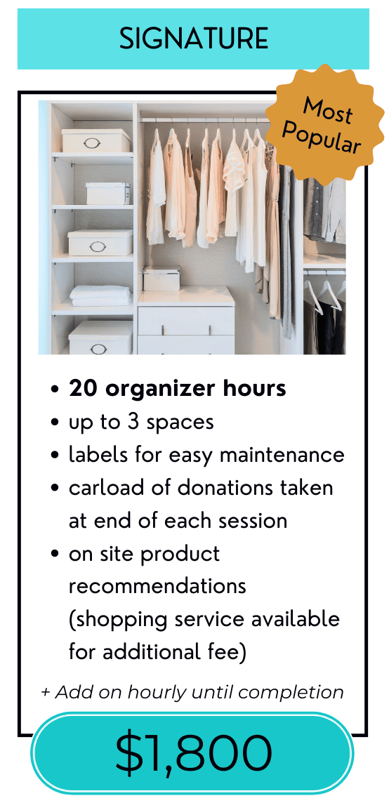 Signature package pricing card for home organizing services