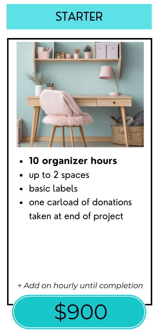 Starter package pricing card for home organizing services
